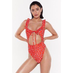 NWT Nasty Gal Floral Ruffle Neck Cut-Out Red Swimsuit women’s M/6